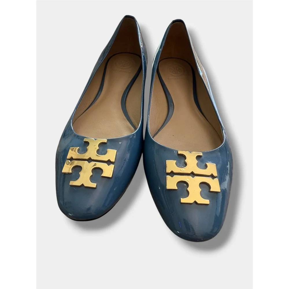 Tory Burch Reva Ballet Flats sz 7M Blue Patent Leather Gold Logo‎ Medallion Good